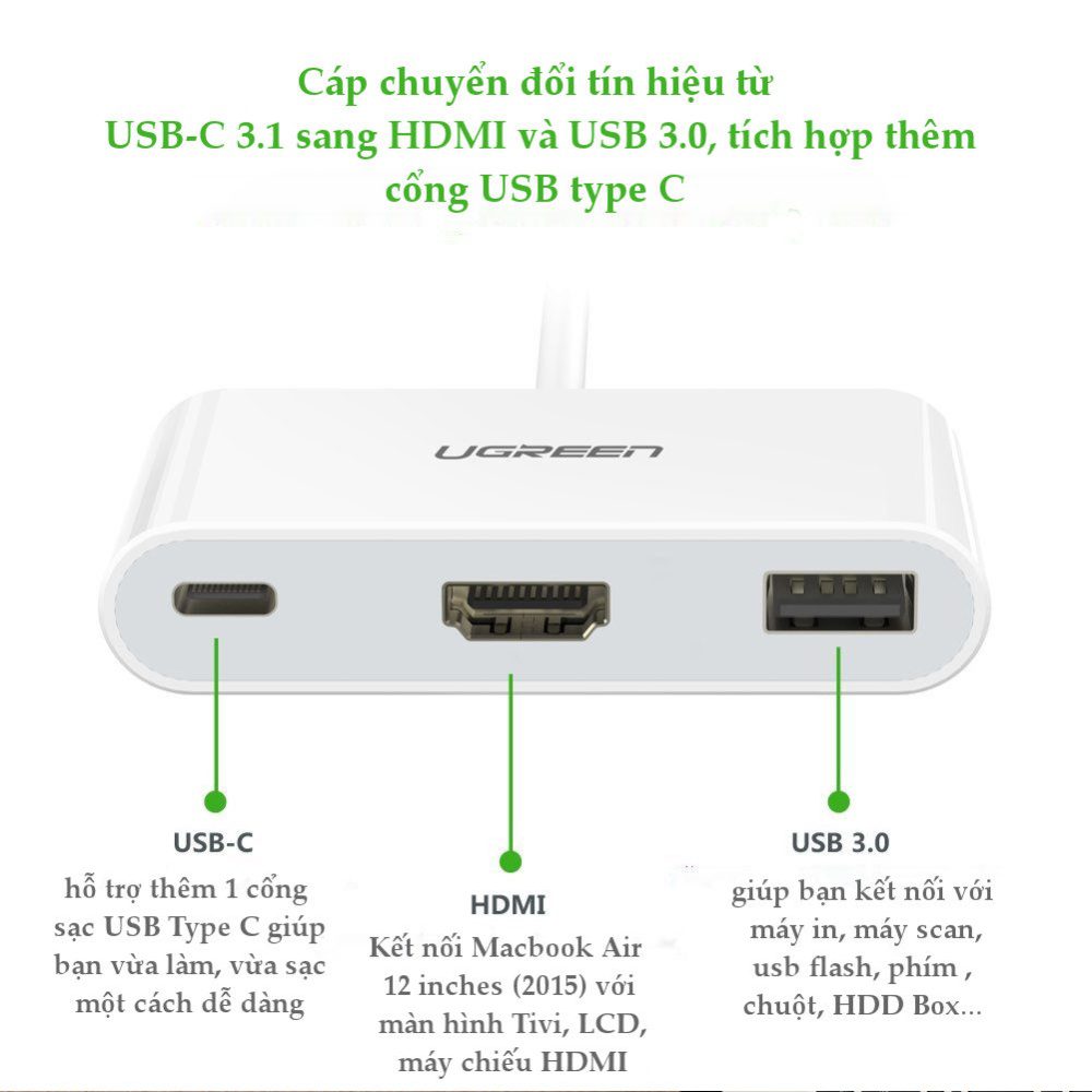 Bộ chuyển đổi USB Type C sang USB 3.0 + HDMI + USB Type C UGREEN 30377 (Màu trắng) 19 Bộ chuyển đổi USB Type C sang USB 3.0 + HDMI + USB Type C UGREEN 30377 (Màu trắng)