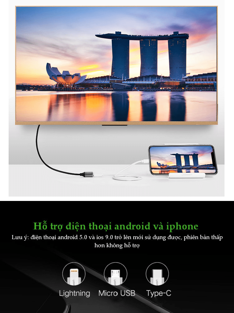 Cáp chuyển đổi USB (Micro Lightning Type-C) sang HDMI dài 1.5m UGREEN 50291 11 Cáp chuyển đổi USB (Micro Lightning Type-C) sang HDMI dài 1.5m UGREEN 50291