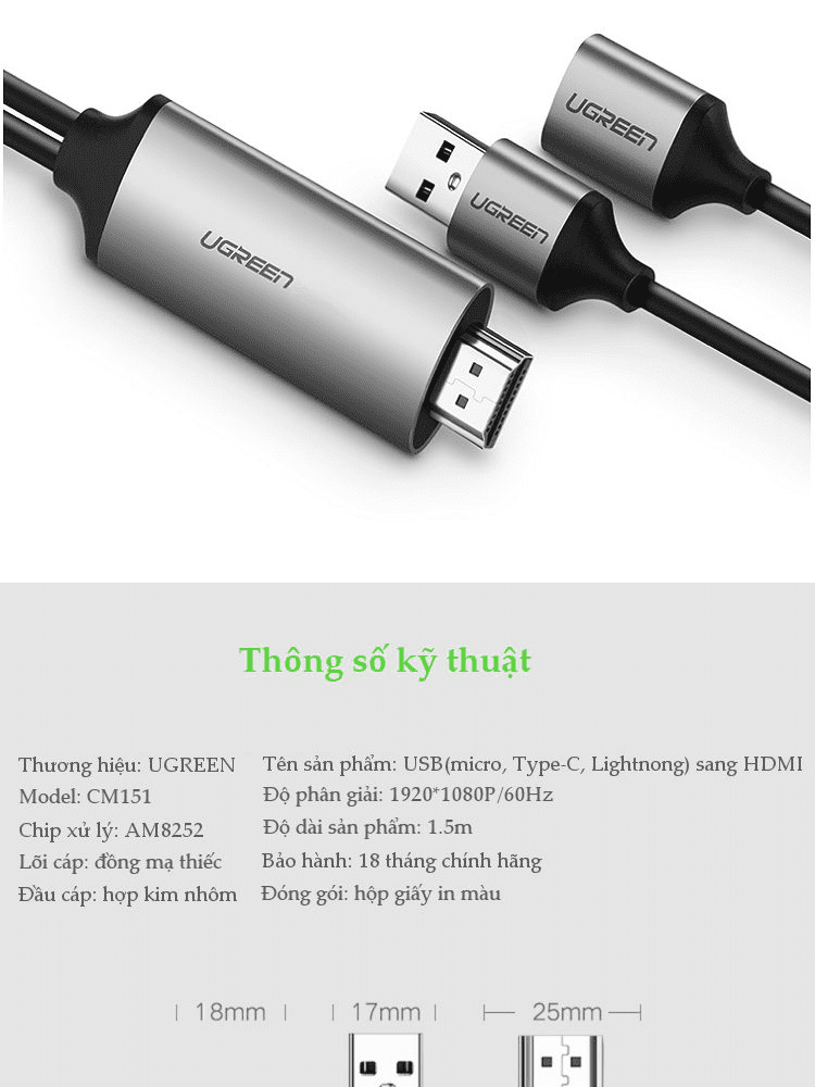 Cáp chuyển đổi USB (Micro Lightning Type-C) sang HDMI dài 1.5m UGREEN 50291 17 Cáp chuyển đổi USB (Micro Lightning Type-C) sang HDMI dài 1.5m UGREEN 50291