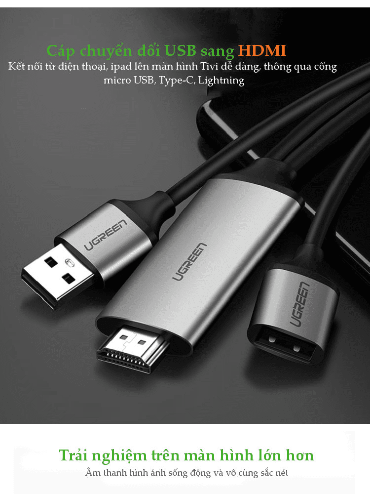 Cáp chuyển đổi USB (Micro Lightning Type-C) sang HDMI dài 1.5m UGREEN 50291 10 Cáp chuyển đổi USB (Micro Lightning Type-C) sang HDMI dài 1.5m UGREEN 50291