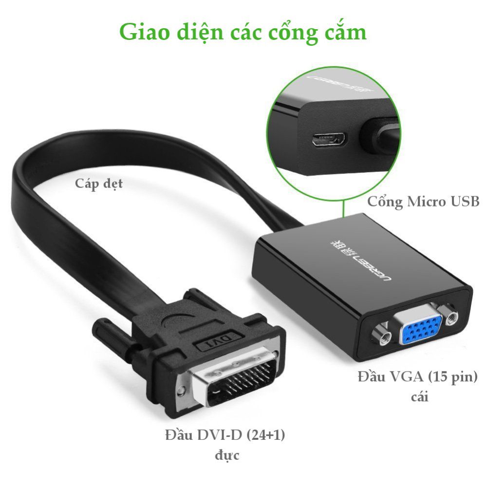 Cáp chuyển tín hiệu DVI-D (24+1) sang VGA ACTIVE (15 pin) dài 20CM UGREEN 40259 (màu đen) 16 Cáp chuyển tín hiệu DVI-D (24+1) sang VGA ACTIVE (15 pin) dài 20CM UGREEN 40259 (màu đen)