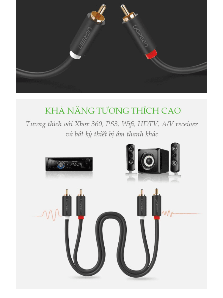 Cáp hoa sen UGREEN AV104 - 2 đầu hoa sen 2RCA đực sang 2RCA đực chuyển tín hiệu âm thanh từ Tivi DVD CD player... ra Loa Amplifier