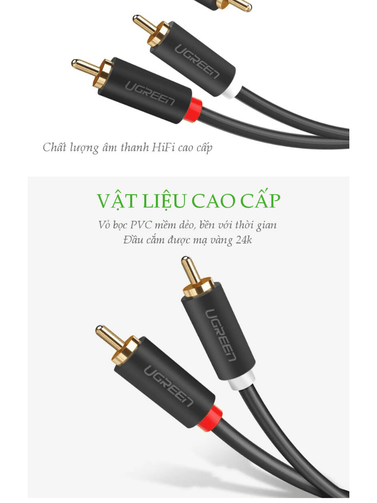 Cáp hoa sen UGREEN AV104 - 2 đầu hoa sen 2RCA đực sang 2RCA đực chuyển tín hiệu âm thanh từ Tivi DVD CD player... ra Loa Amplifier