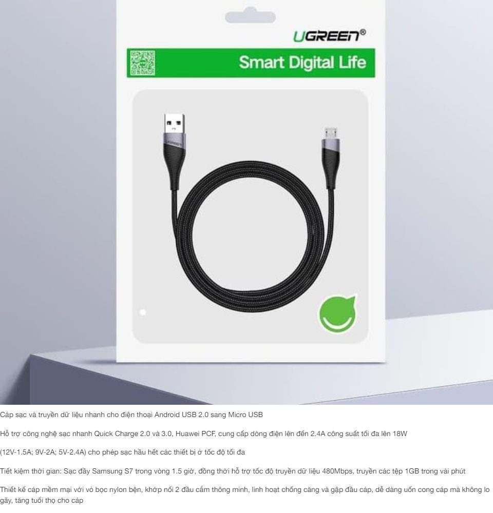 Cáp sạc và truyền dữ liệu cho điện thoại Android USB 2.0 sang Micro USB (hỗ trợ sạc nhanh 18W 5V-2.4A công nghệ sạc Quick Charge 3.0) dài 0.5-2m UGREEN ED017 27 Cáp sạc và truyền dữ liệu cho điện thoại Android USB 2.0 sang Micro USB (hỗ trợ sạc nhanh 18W 5V-2.4A công nghệ sạc Quick Charge 3.0) dài 0.5-2m UGREEN ED017