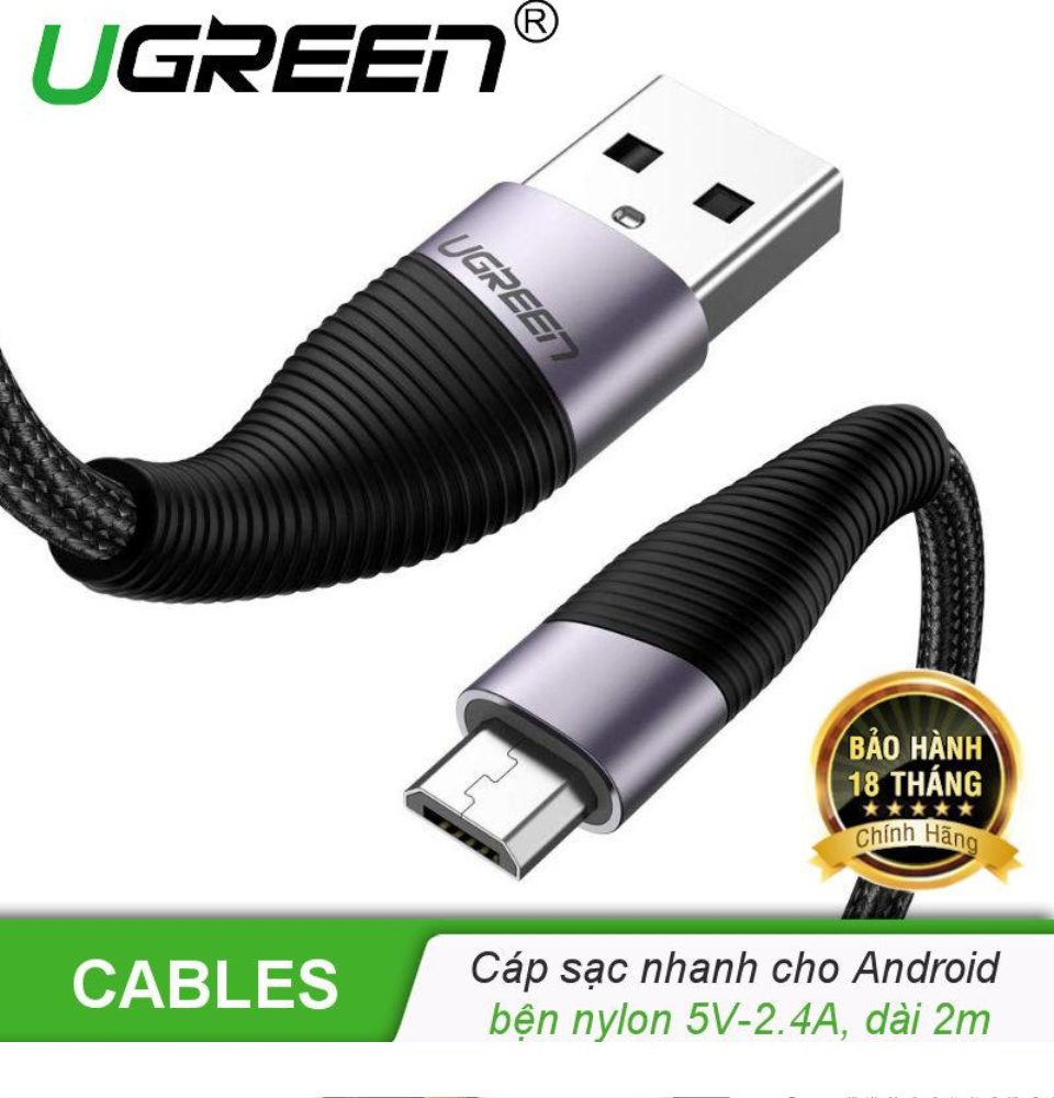 Cáp sạc và truyền dữ liệu cho điện thoại Android USB 2.0 sang Micro USB (hỗ trợ sạc nhanh 18W 5V-2.4A công nghệ sạc Quick Charge 3.0) dài 0.5-2m UGREEN ED017 17 Cáp sạc và truyền dữ liệu cho điện thoại Android USB 2.0 sang Micro USB (hỗ trợ sạc nhanh 18W 5V-2.4A công nghệ sạc Quick Charge 3.0) dài 0.5-2m UGREEN ED017