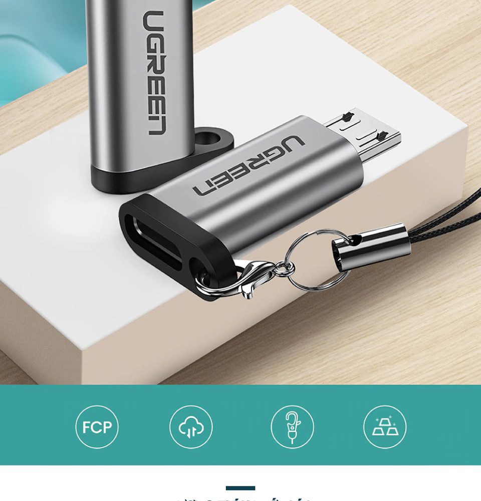 Đầu chuyển Type C sang Micro USB UGREEN US282 Vỏ nhiệt tản nhiệt tốt, kèm móc khóa