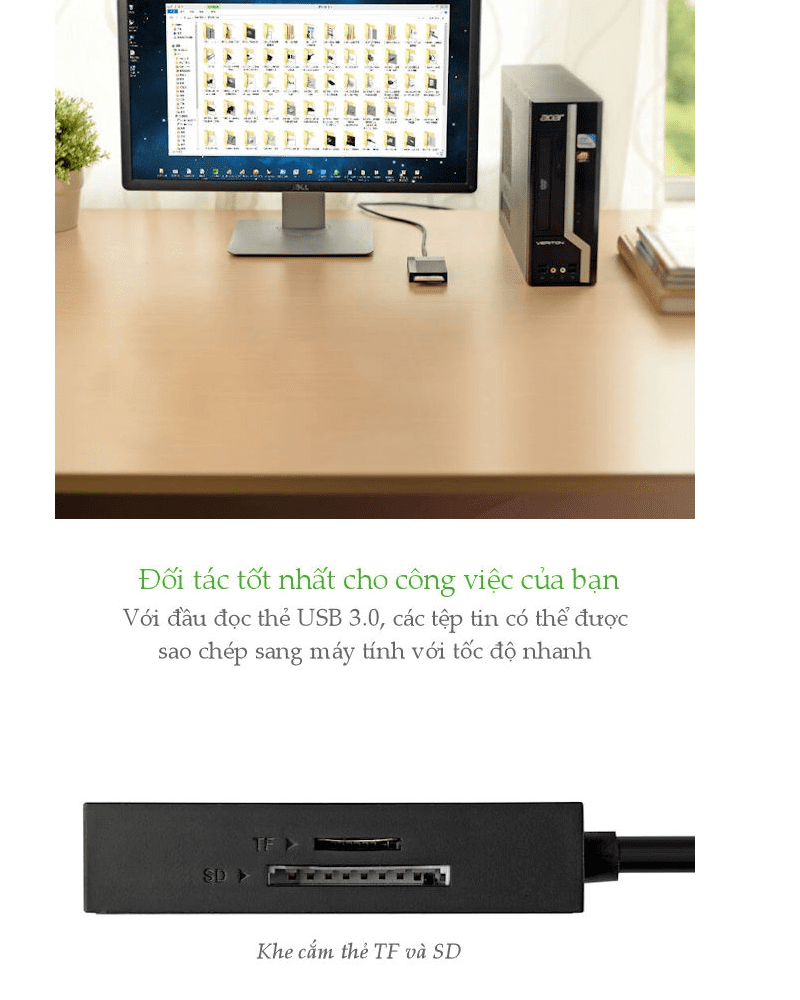 Đầu đọc thẻ USB 3.0 UGREEN CR125 Hỗ trợ thẻ TF/SD/CF/MS - Tốc độ truyền dữ liệu 5Gbps, hỗ trợ tải dung lượng lớn