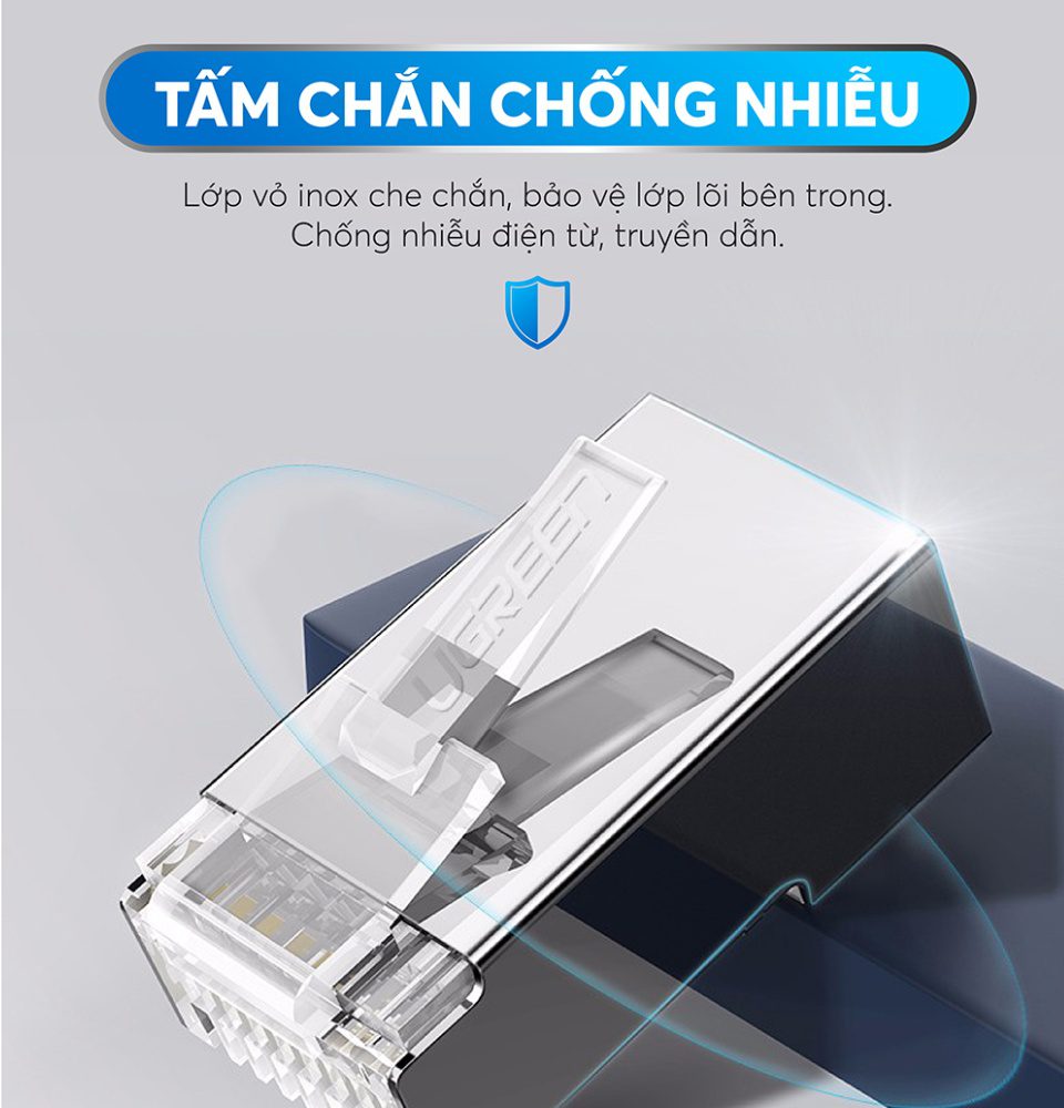 Đầu (hạt) bấm mạng RJ45 cho dây CAT6 bọc inox chống nhiễu UGREEN NW111 20 Đầu (hạt) bấm mạng RJ45 cho dây CAT6 bọc inox chống nhiễu UGREEN NW111