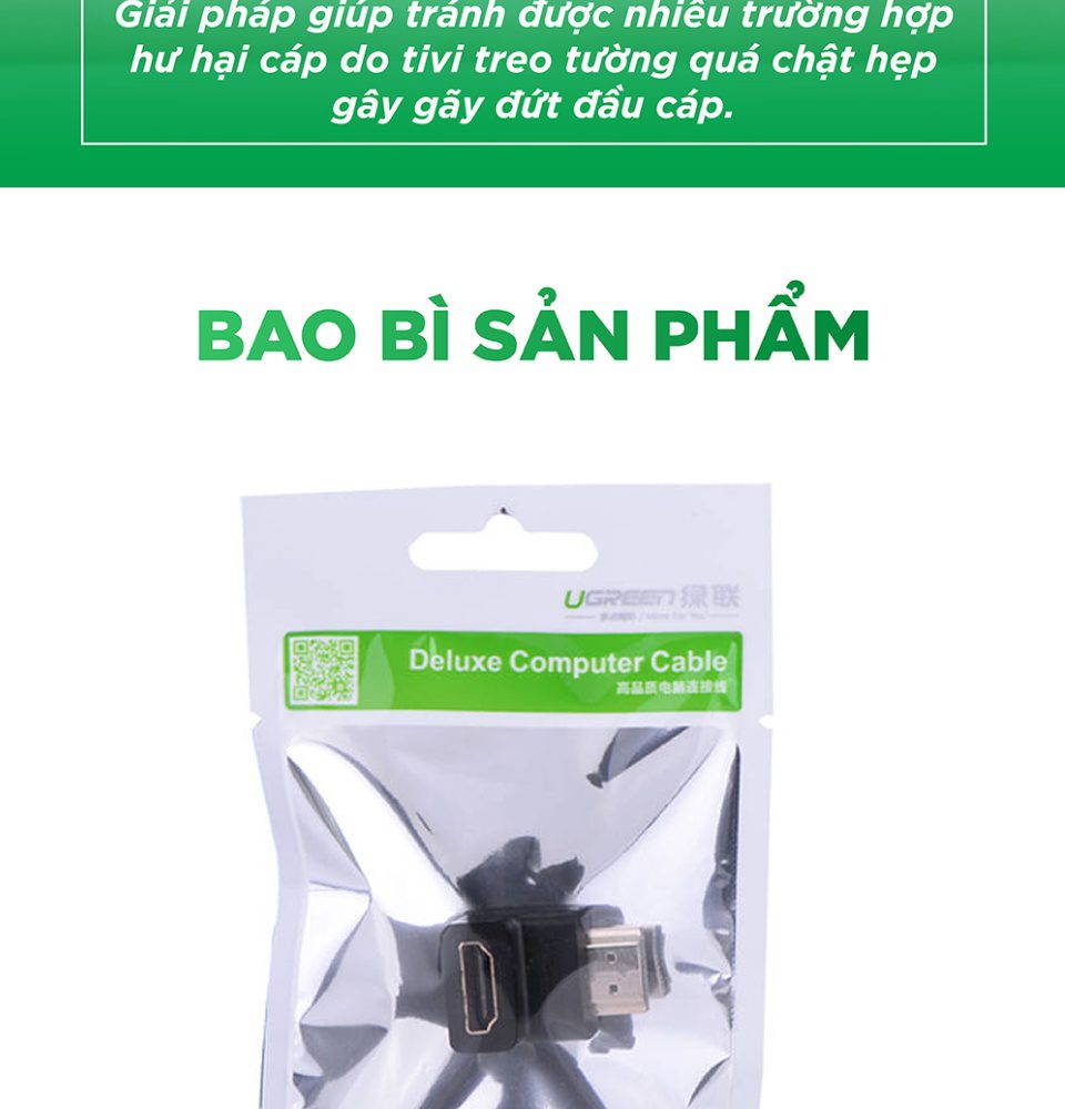 Đầu nối cổng HDMI male sang HDMI female vuông góc 90 độ BẺ XUỐNG UGREEN 20109 Hàng phân phối chính hãng - Bảo hành 18 tháng
