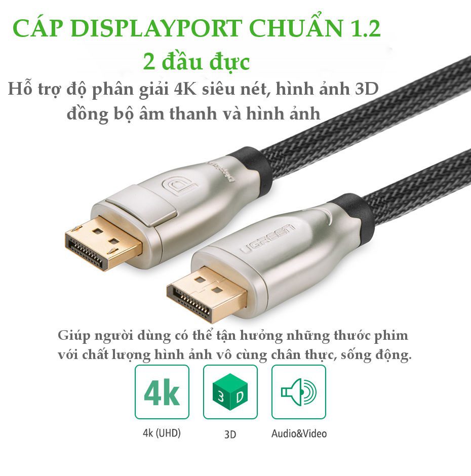 Dây DisplayPort 1.2 UGREEN DP107 - Hỗ trợ 3D 4Kx2K@60Hz 22 Dây DisplayPort 1.2 UGREEN DP107 - Hỗ trợ 3D 4Kx2K@60Hz