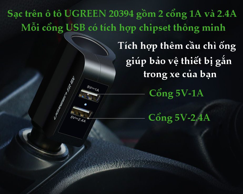 Sạc điện thoại/máy tính bảng 2 cổng USB 2.0 trên ô tô UGREEN CD115 20394 16 Sạc điện thoại/máy tính bảng 2 cổng USB 2.0 trên ô tô UGREEN CD115 20394